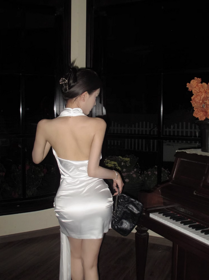 Elegant Satin Backless Halter Neck White Slim Fit Birthday Short Skirt Homecoming Dress