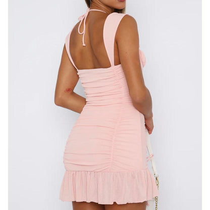 Cute Pink Shoulder Strap Pleated Drawstring Birthday Short Skirt Homecoming Dress