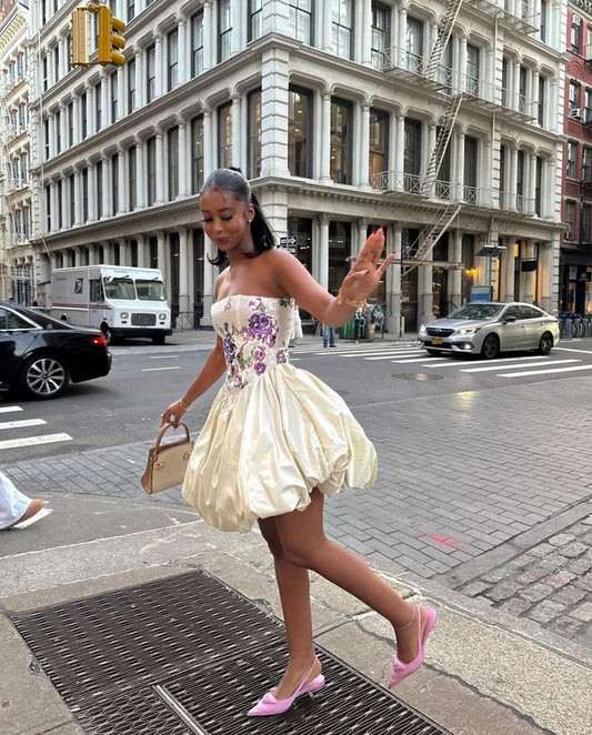 Elegant Embroidered Ivory Strapless Satin Flower Bud Birthday Dress Homecoming Dress