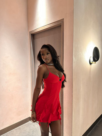 Sexy Red Suspender Ruffled Hip 19th Homecoming Dress