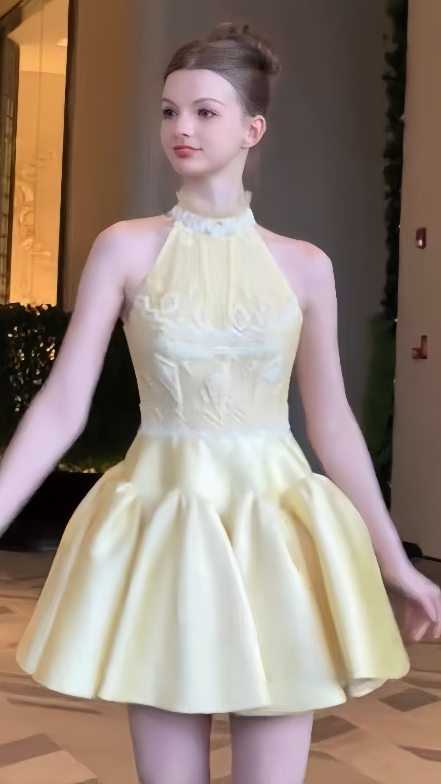 Pastel Yellow Halter Prom Dresses Appliques Homecoming Dress, AST2036