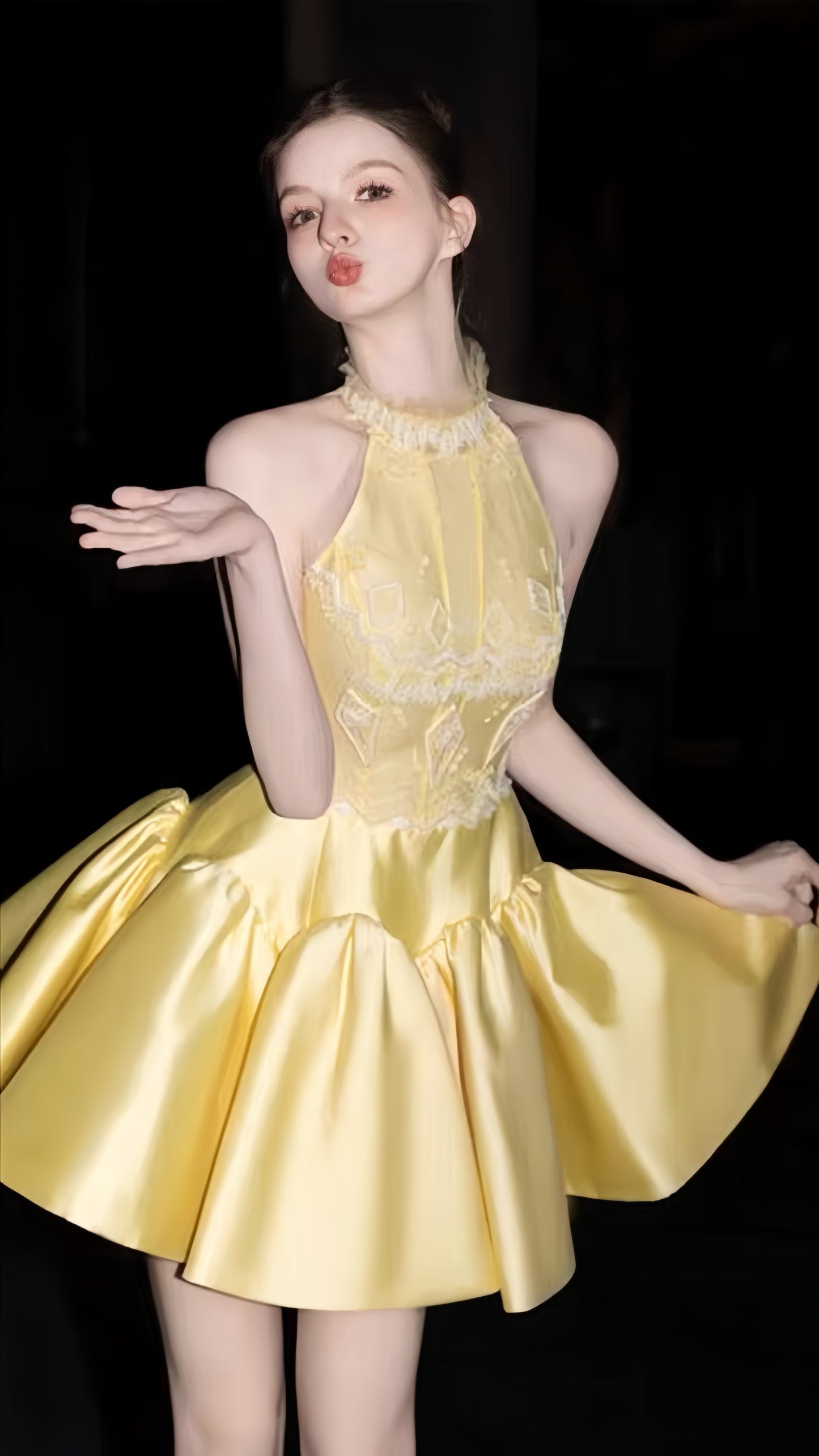 Pastel Yellow Halter Prom Dresses Appliques Homecoming Dress, AST2036