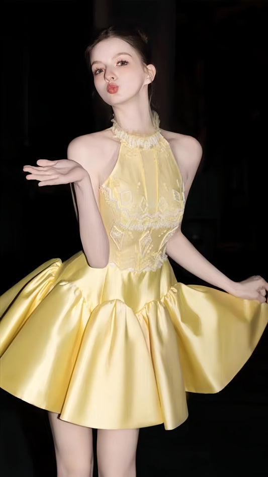 Pastel Yellow Halter Prom Dresses Appliques Homecoming Dress, AST2036