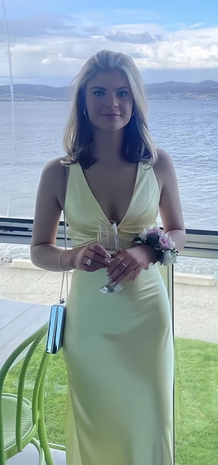 Pastel Yellow V-Neck Evening Party Dress, Mermaid Formal Prom Dresses, AST1533