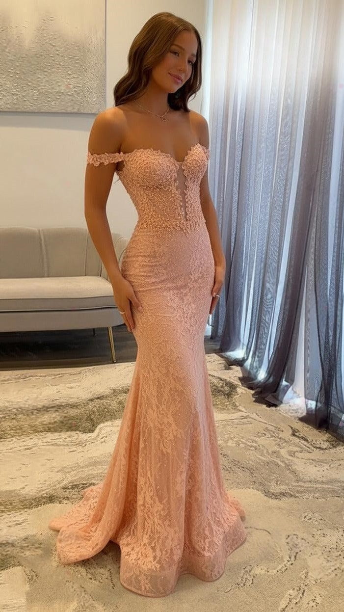 Off The Shoulder Mermaid Prom Dresses Lace Appliques Evening Party Dress,AST2290