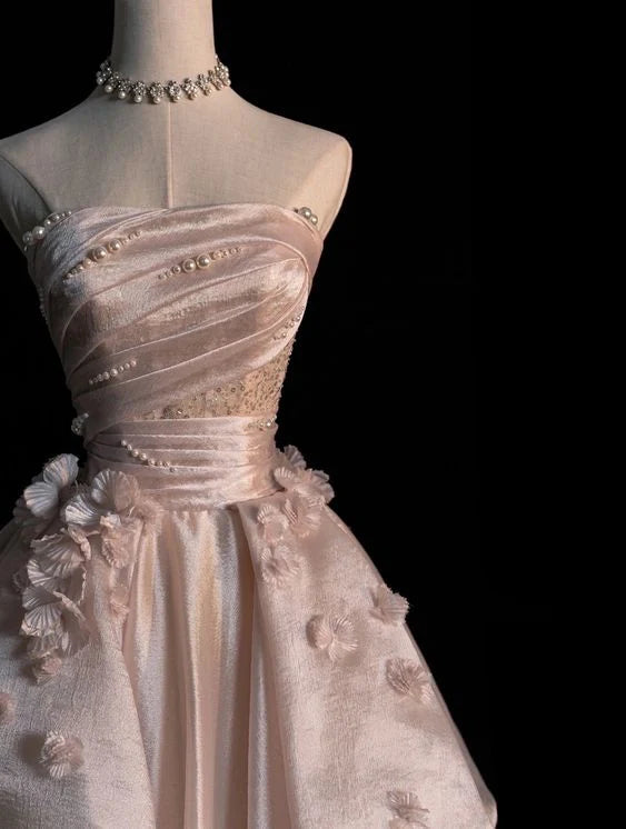 Pearl Pink Strapless A-Line Tulle Long Party Gown with Pearls,AST2308