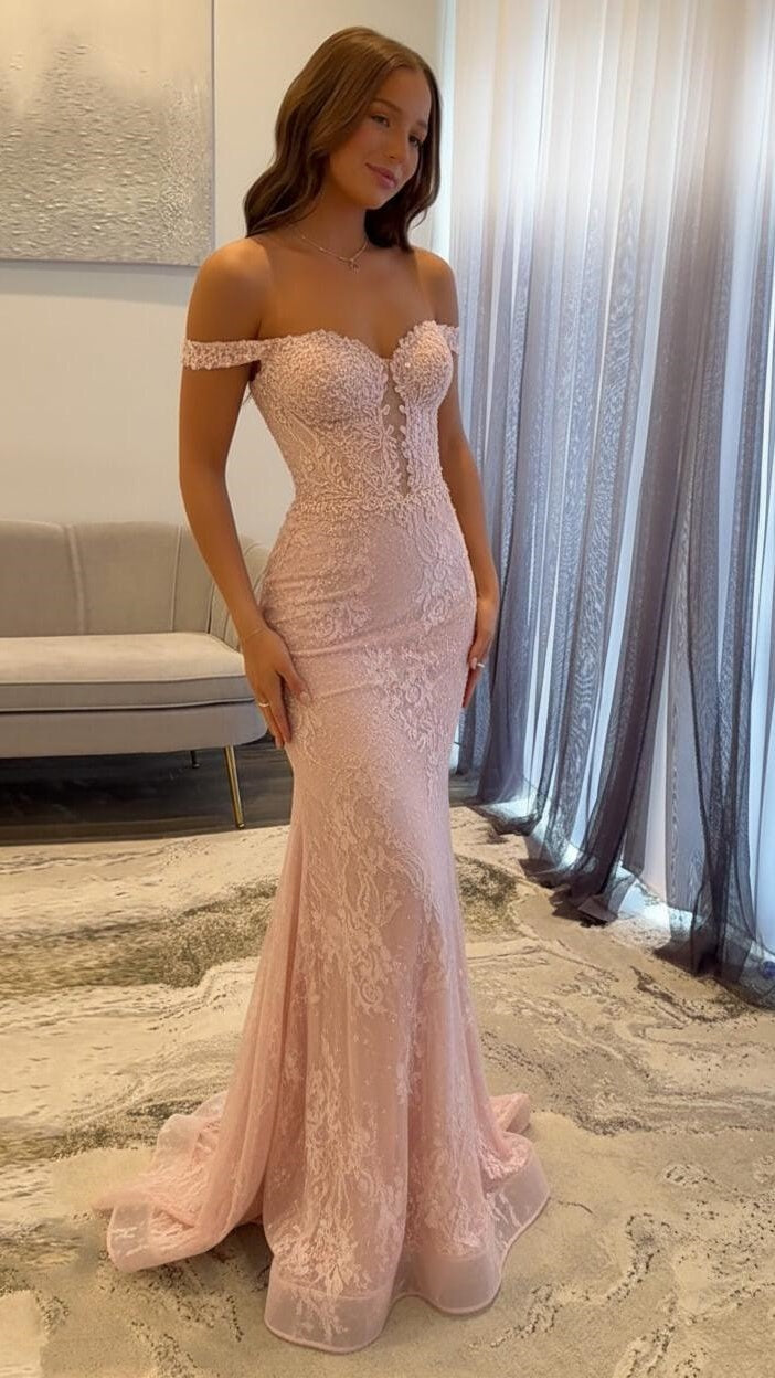 Off The Shoulder Mermaid Prom Dresses Lace Appliques Evening Party Dress,AST2290