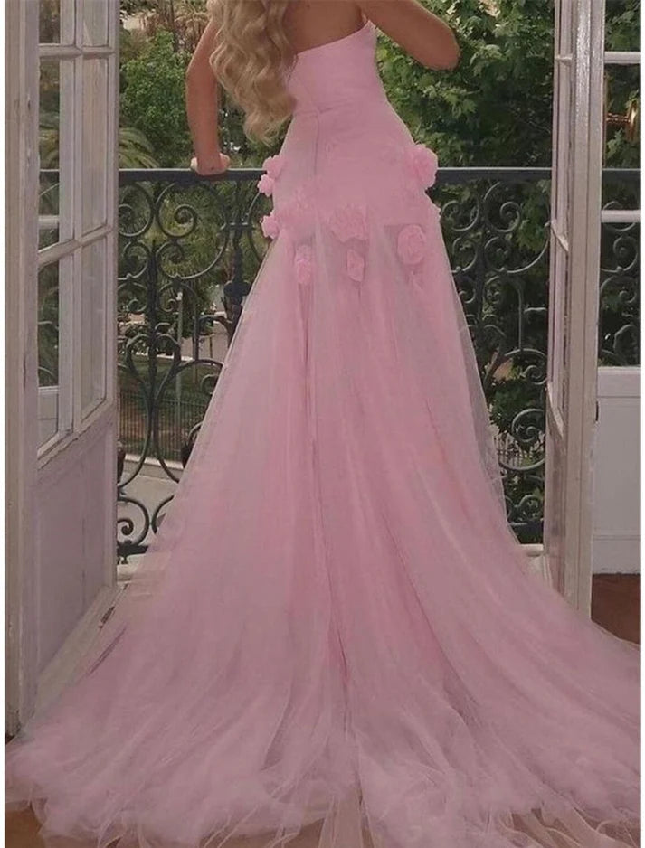 Pink 3D Floral Mermaid Tulle Long Prom Dress, AST918 - Asteria