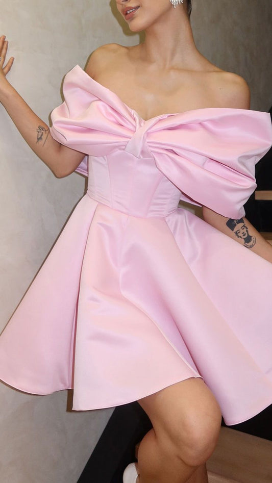 Pink A-line Homecoming Dresses Bowknot Shoulder Graduation Dress,AST2019