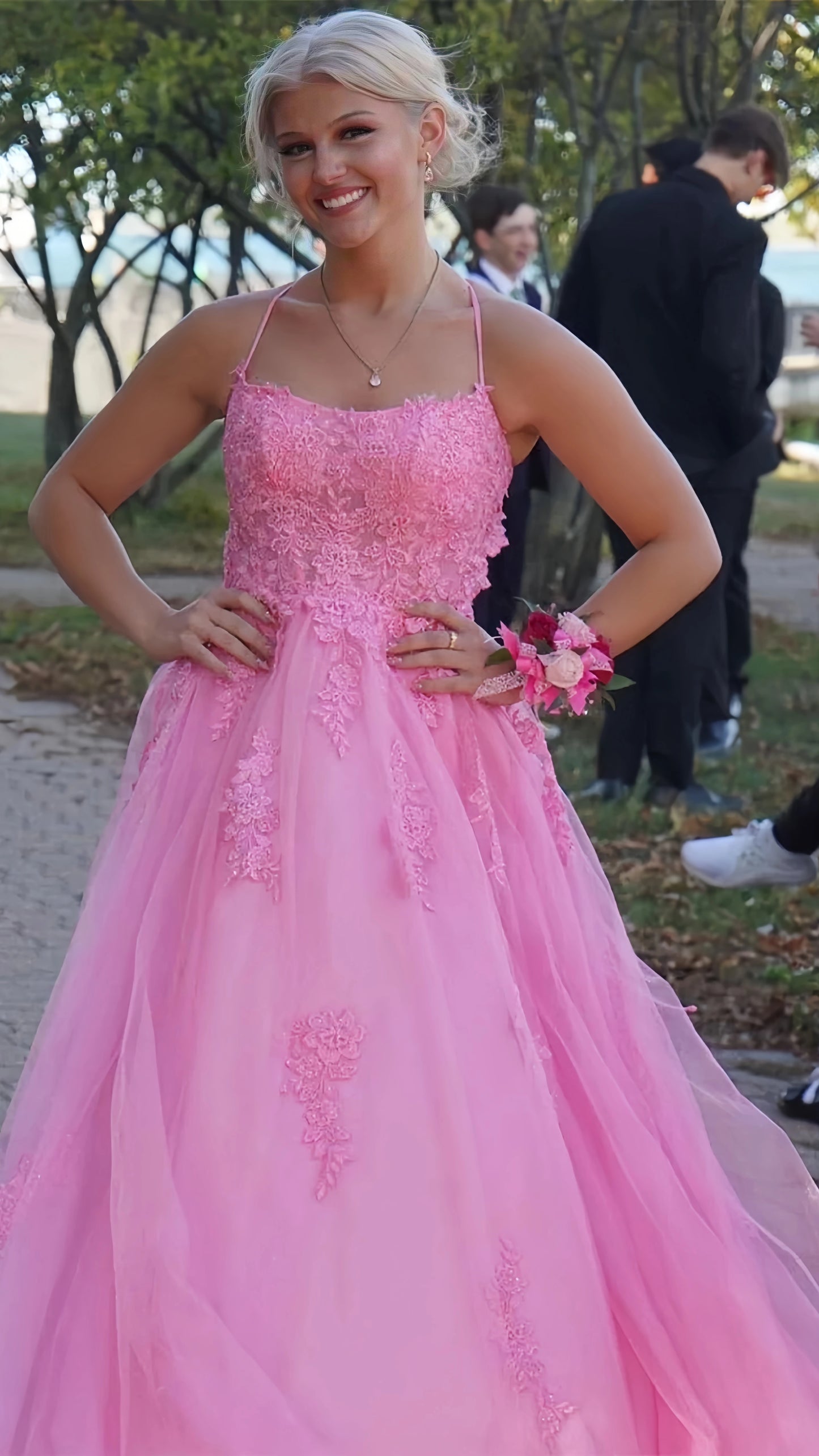 Pink Appliques Tulle Prom Evening Dress,AST1614