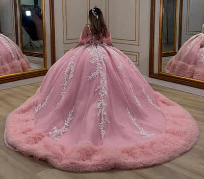 Pink Birthday Party Dresses, Tulle Quinceanera Dress, Appliques Sweet 16 Ball Gown,AST2118