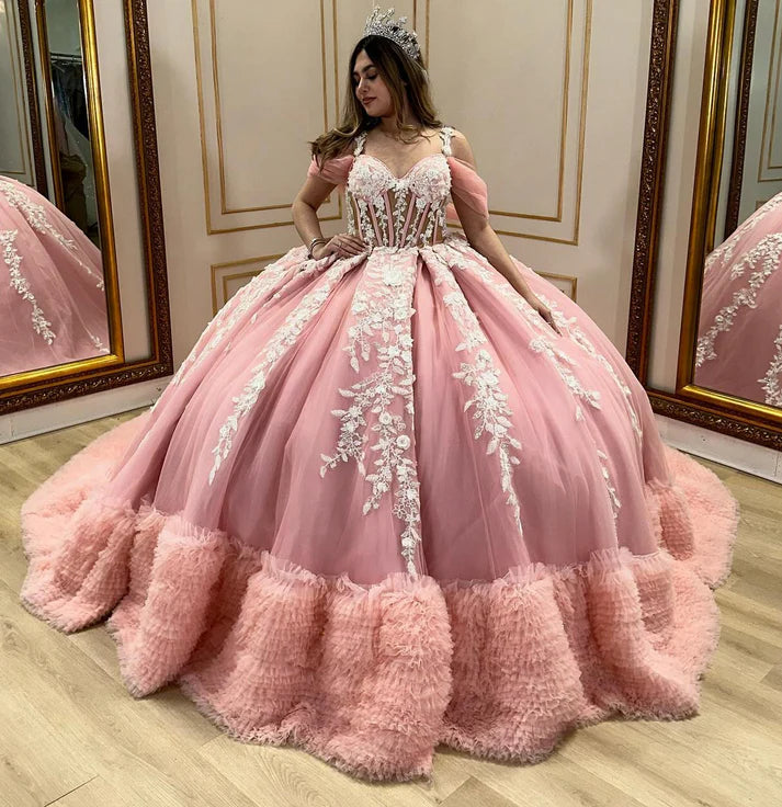Pink Birthday Party Dresses, Tulle Quinceanera Dress, Appliques Sweet 16 Ball Gown,AST2118