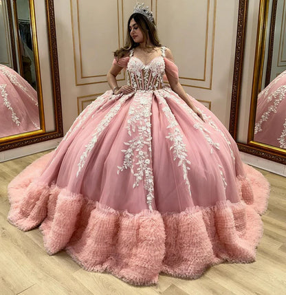 Pink Birthday Party Dresses, Tulle Quinceanera Dress, Appliques Sweet 16 Ball Gown,AST2118