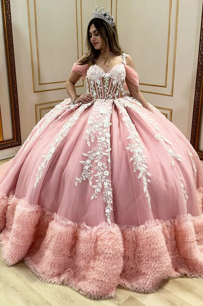 Pink Birthday Party Dresses, Tulle Quinceanera Dress, Appliques Sweet 16 Ball Gown,AST2118