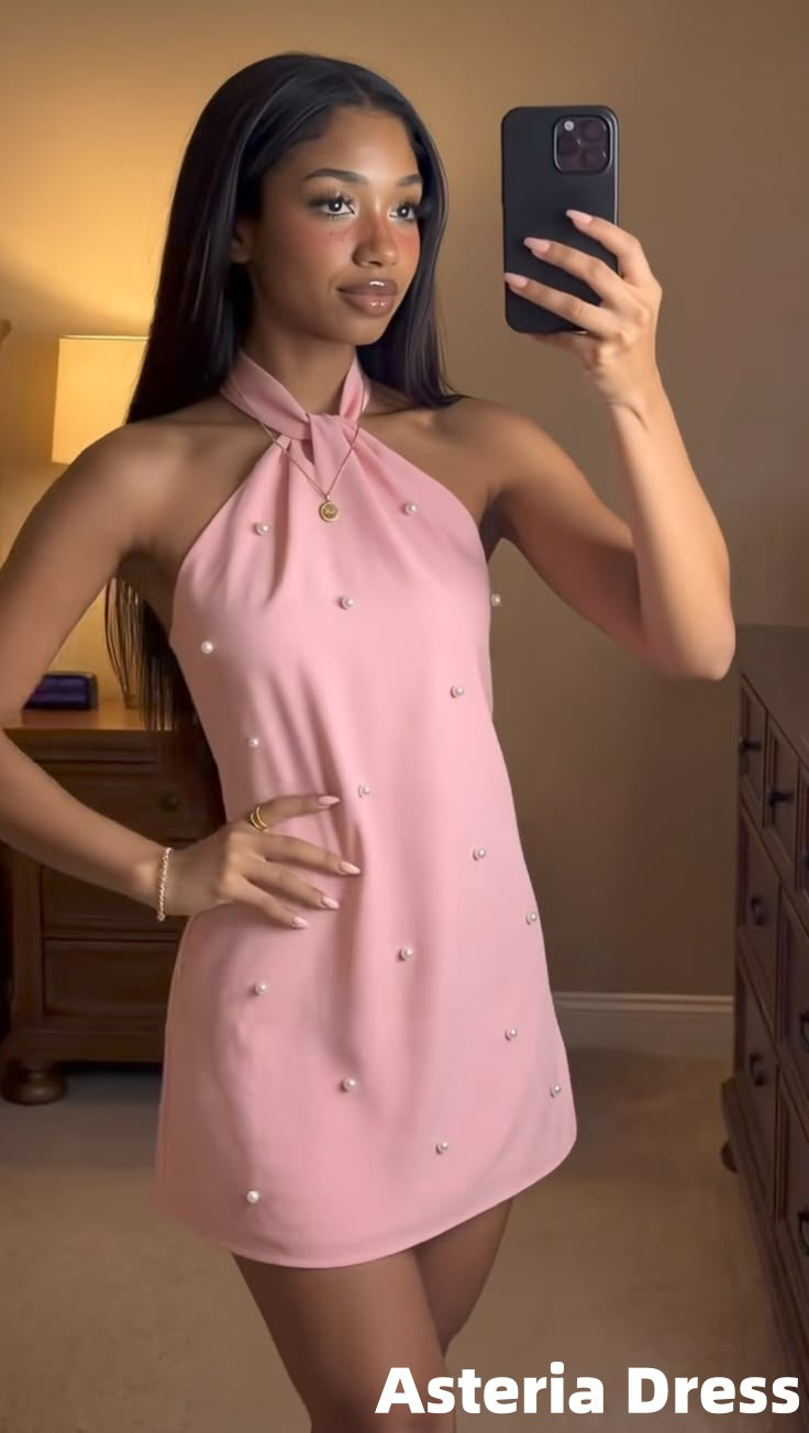 Pink Chiffon Pearl Beaded Short Homecoming Dress