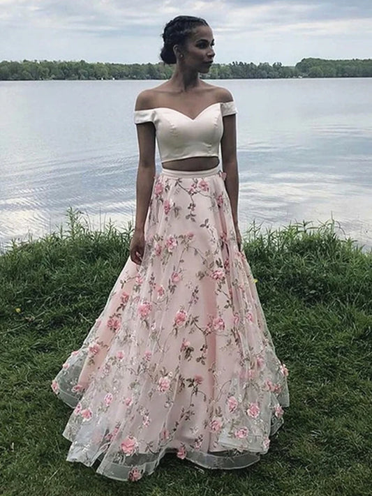 Pink Evening Dress Long Floral Prom Dresses Two Pieces Graduation Dress,AST934