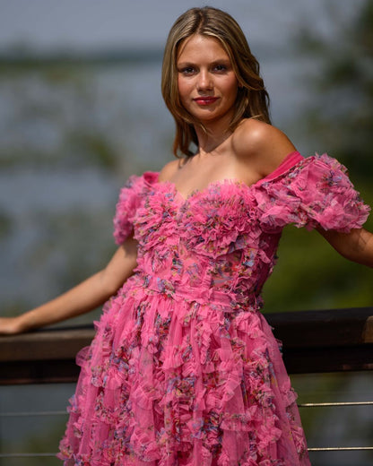 Pink Floral A-Line Homecoming Dresses Ruffle Short Party Dress, AST1371