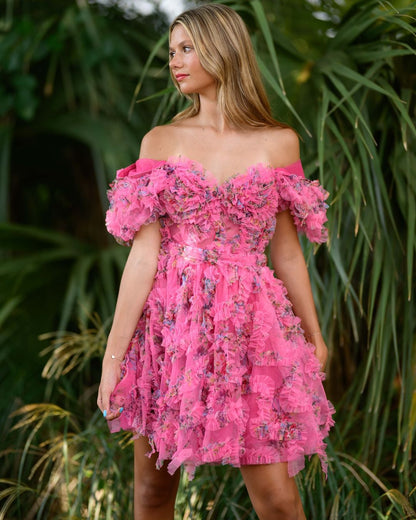 Pink Floral A-Line Homecoming Dresses Ruffle Short Party Dress, AST1371