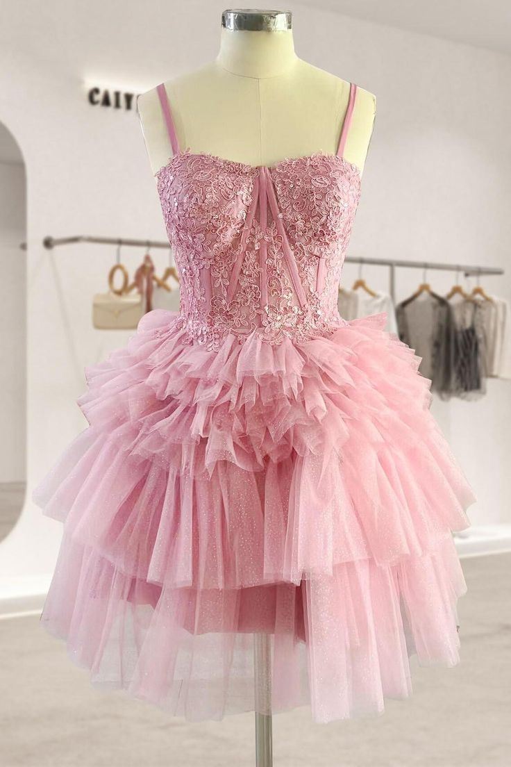 Pink Lace Ruffle Homecoming Dresses Tiered Mini Evening Gown, AST1352