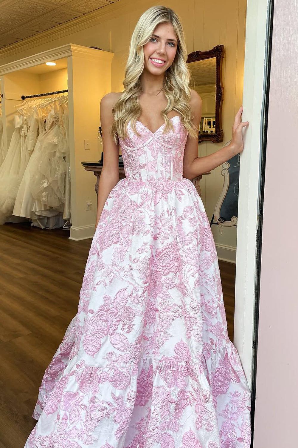Light Blue Lovely Sweetheart Zipper Back A-Line Long Print Prom Party Dress