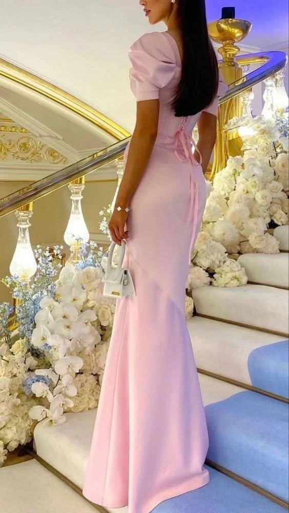 Pink Mermaid Satin Prom Dresses Formal Evening Party Dress,AST2263