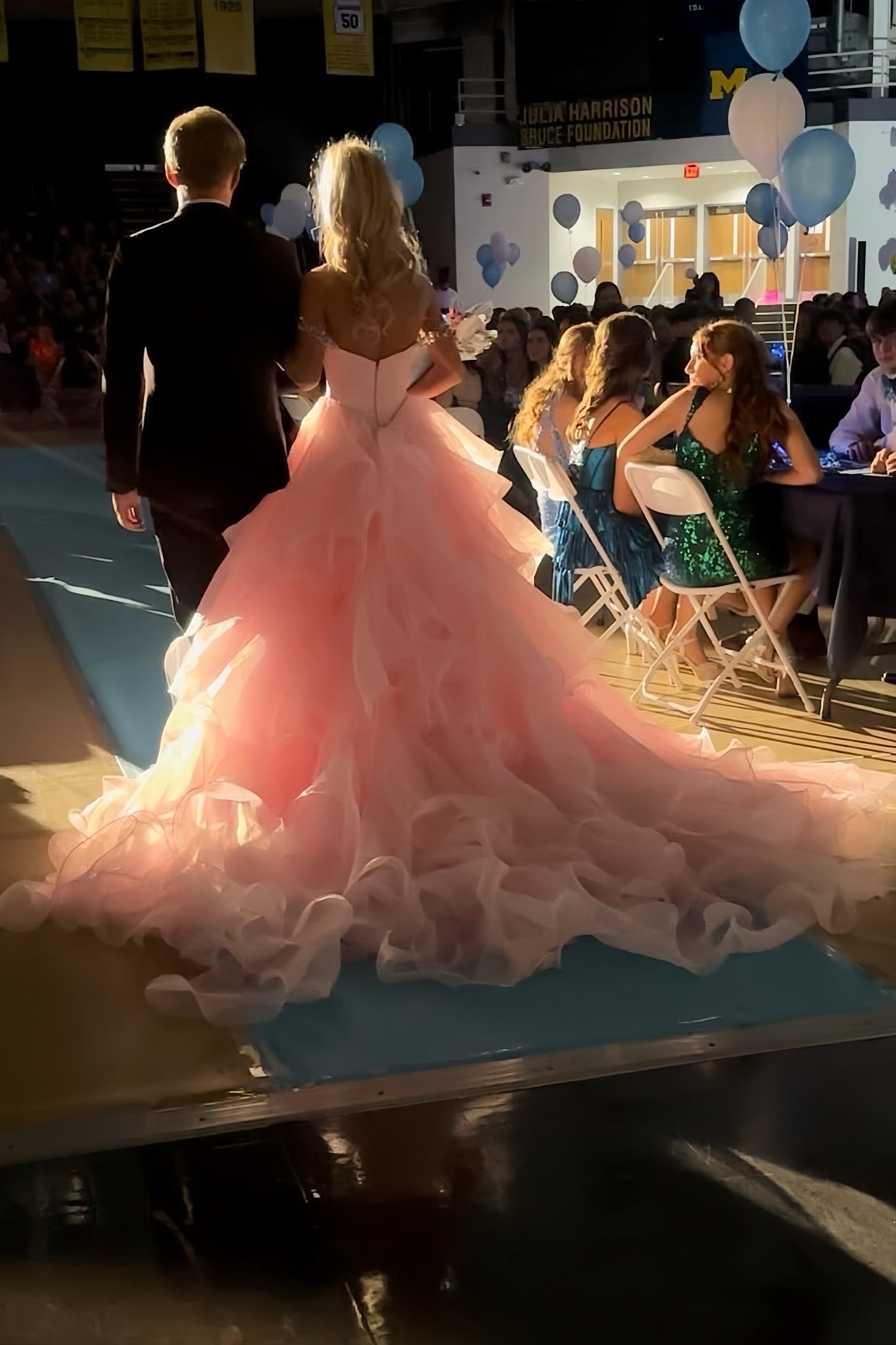 Pink Organza Senior Prom Dress With Beaded Neck&Shoulders, AST1551