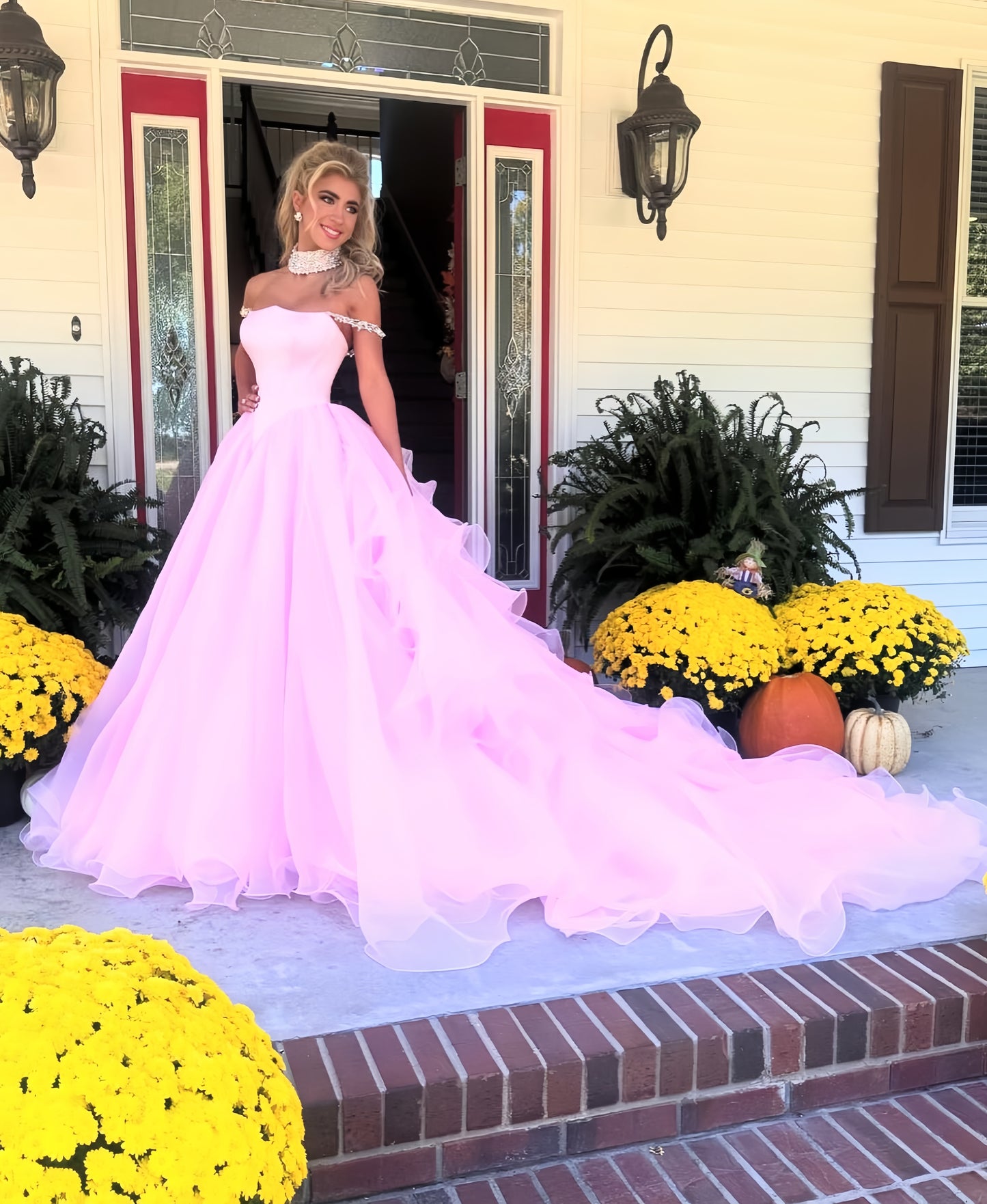 Pink Organza Senior Prom Dress With Beaded Neck&Shoulders, AST1551