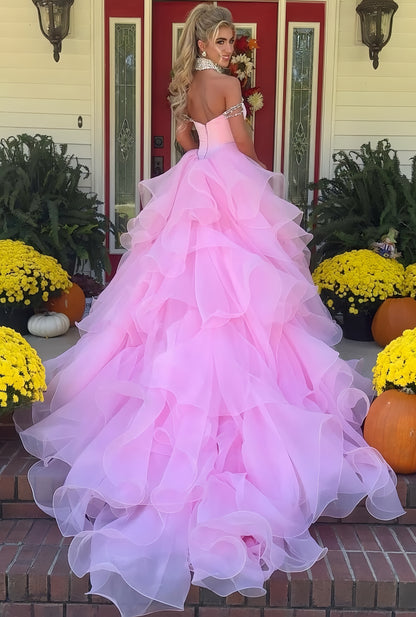 Pink Organza Senior Prom Dress With Beaded Neck&Shoulders, AST1551