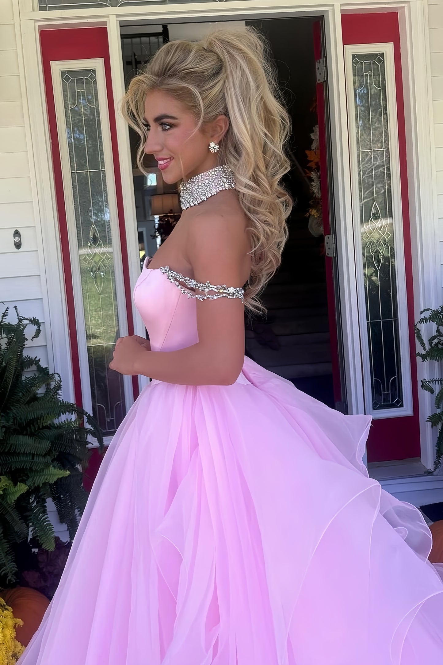 Pink Organza Senior Prom Dress With Beaded Neck&Shoulders, AST1551