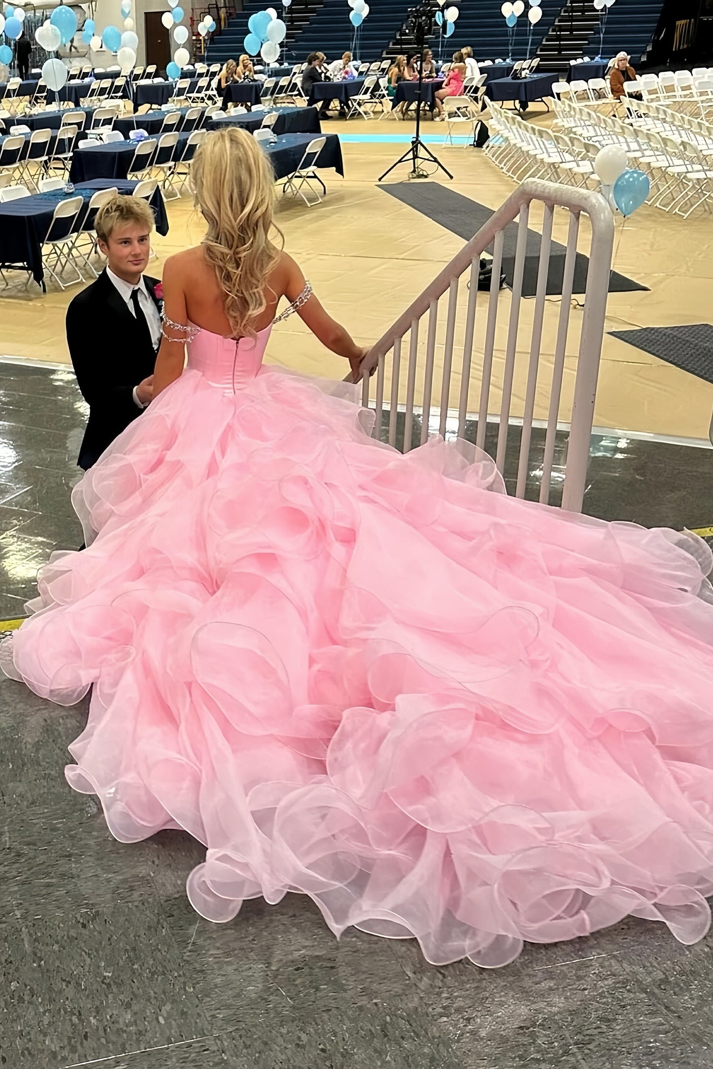 Pink Organza Senior Prom Dress With Beaded Neck&Shoulders, AST1551