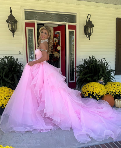 Pink Organza Senior Prom Dress With Beaded Neck&Shoulders, AST1551