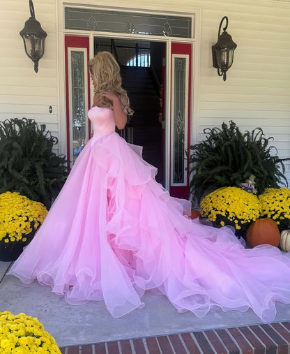 Pink Organza Senior Prom Dress With Beaded Neck&Shoulders, AST1551