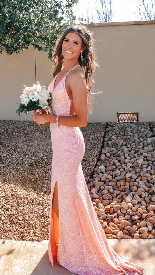 Pink Sequin Mermaid Long Evening Prom Dress, Backless Party Formal Gown, AST1546