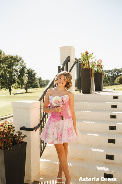 Pink Strapless Lace Floral Chiffon Homecoming Dresses