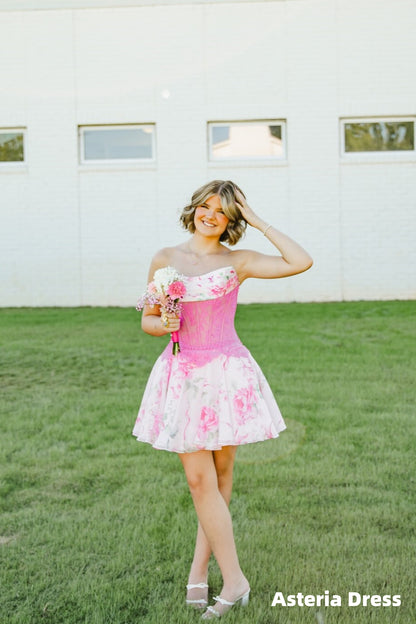 Pink Strapless Lace Floral Chiffon Homecoming Dresses