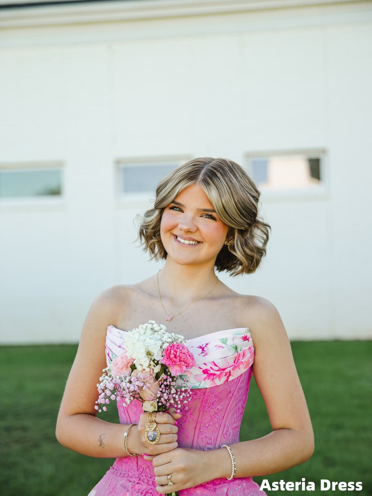 Pink Strapless Lace Floral Chiffon Homecoming Dresses