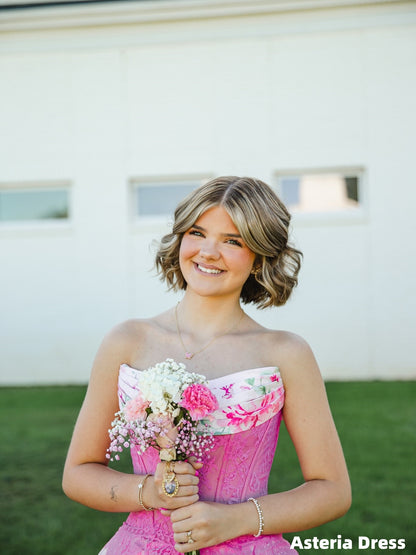Pink Strapless Lace Floral Chiffon Homecoming Dresses