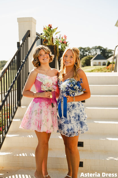 Pink Strapless Lace Floral Chiffon Homecoming Dresses