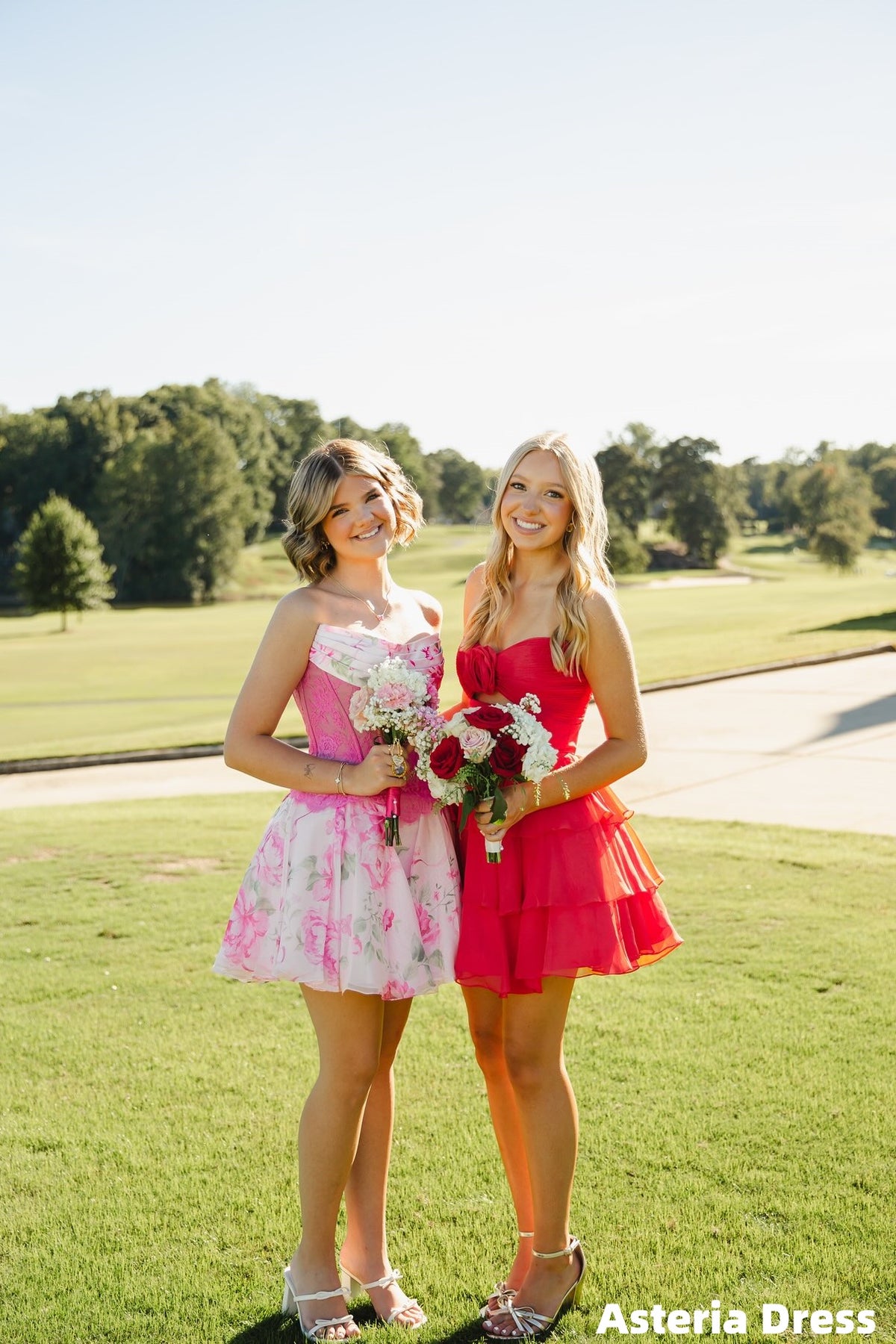 Pink Strapless Lace Floral Chiffon Homecoming Dresses