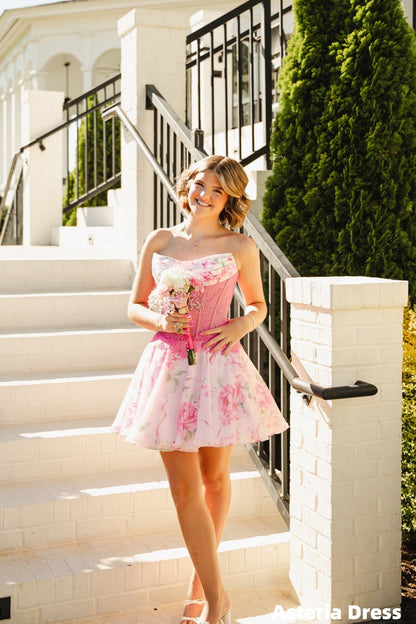 Pink Strapless Lace Floral Chiffon Homecoming Dresses