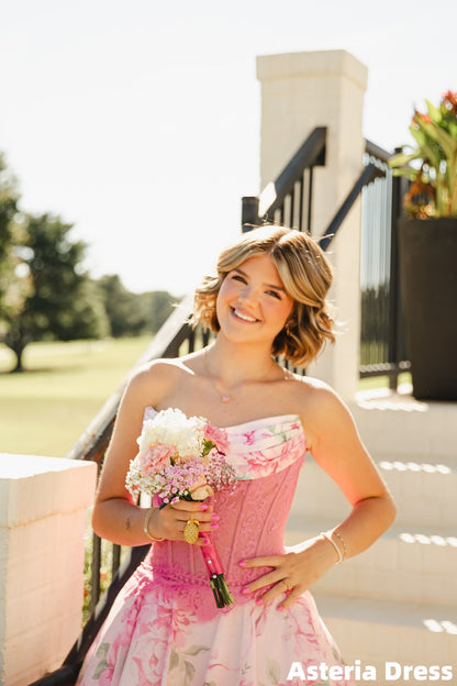 Pink Strapless Lace Floral Chiffon Homecoming Dresses