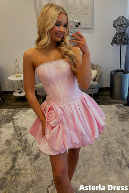 Pink Strapless Pearl Beaded Floral Homecoming Dresses