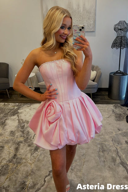 Pink Strapless Pearl Beaded Floral Homecoming Dresses