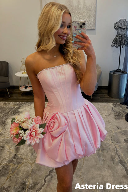 Pink Strapless Pearl Beaded Floral Homecoming Dresses