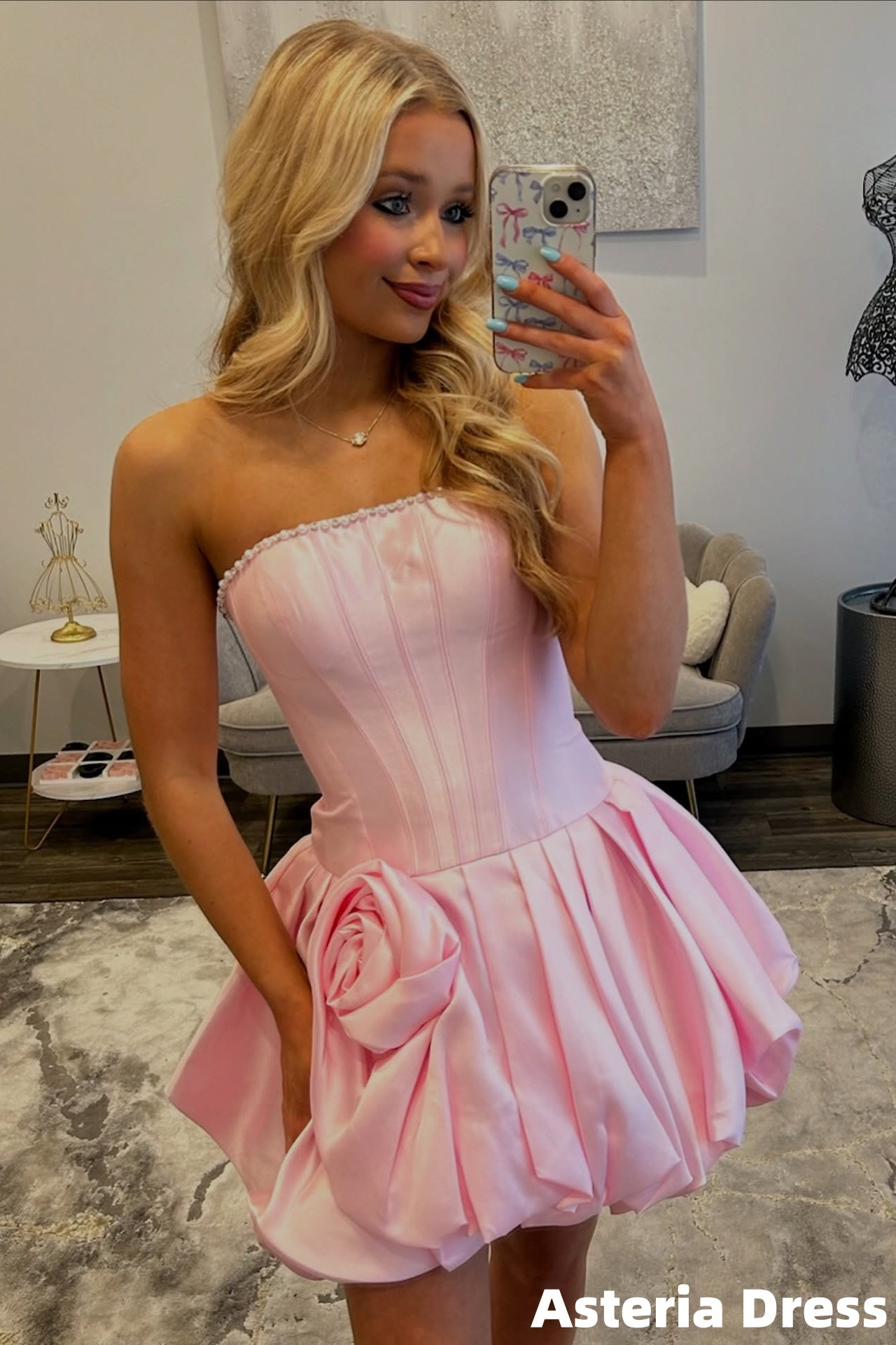 Pink Strapless Pearl Beaded Floral Homecoming Dresses