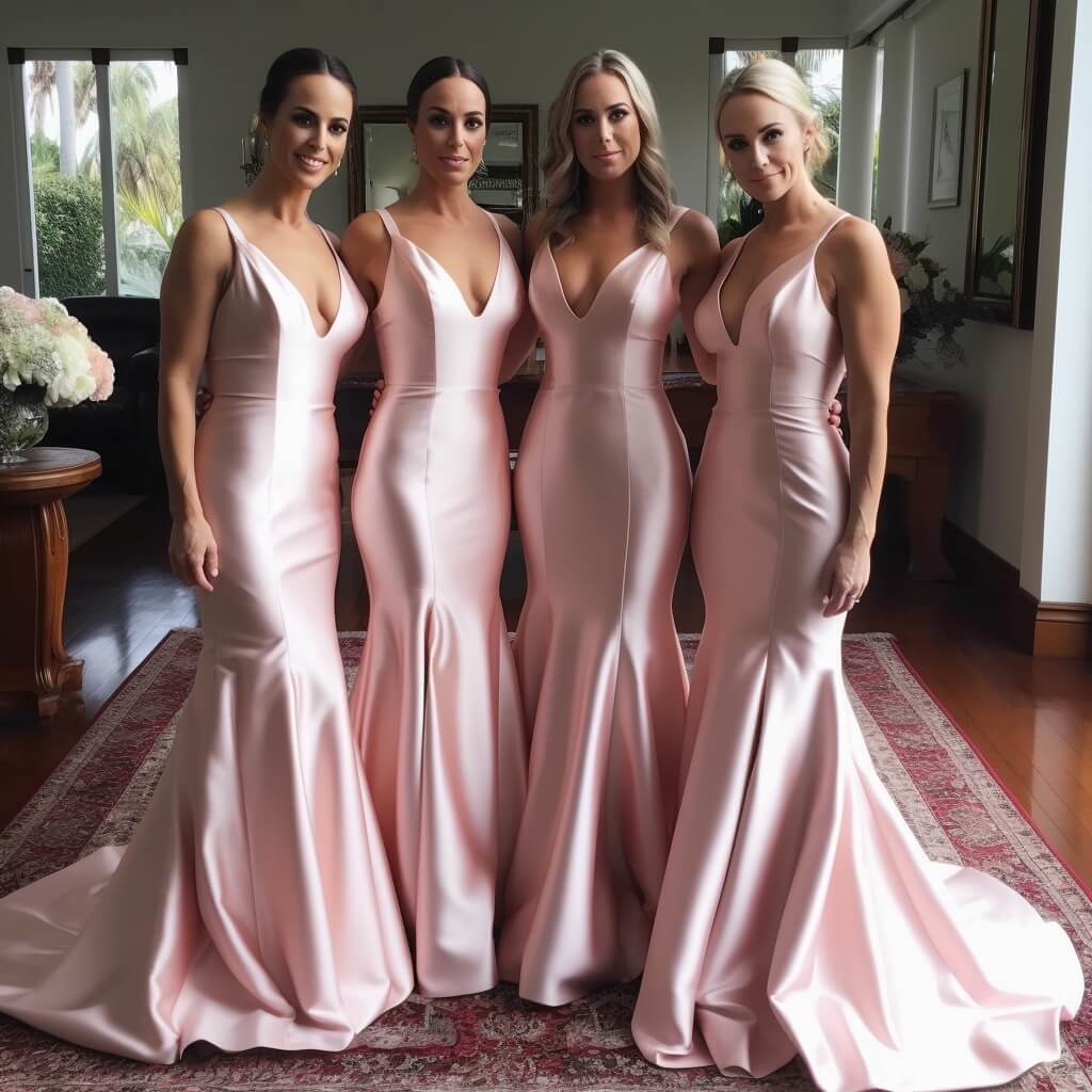 Pink V-neck Mermaid Satin Bridesmaid Dresses,AST987