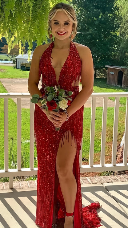 Pink V-Neck Tassel Sequined Prom Dresses V-Neck Mermaid Evening Dress With Slit,AST2205