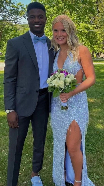 Pink V-Neck Tassel Sequined Prom Dresses V-Neck Mermaid Evening Dress With Slit,AST2205