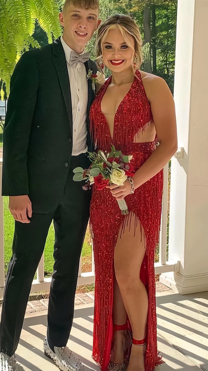 Pink V-Neck Tassel Sequined Prom Dresses V-Neck Mermaid Evening Dress With Slit,AST2205