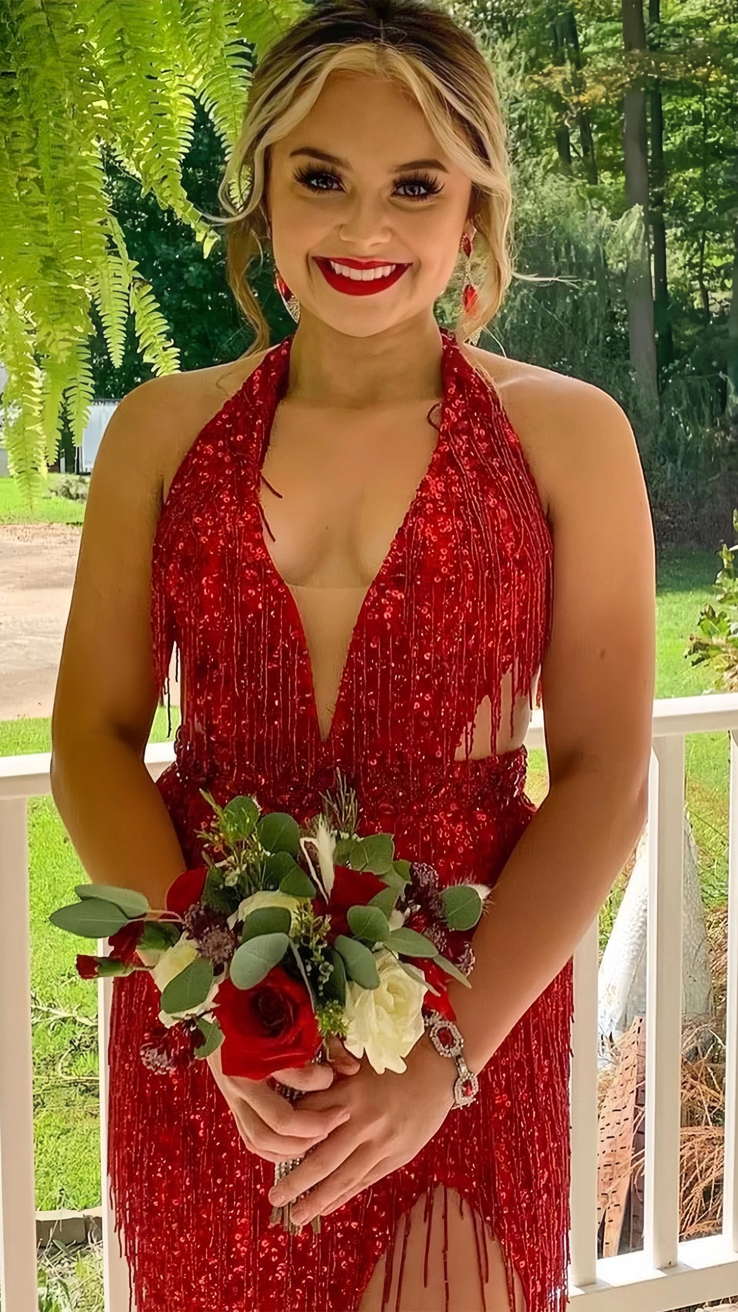 Pink V-Neck Tassel Sequined Prom Dresses V-Neck Mermaid Evening Dress With Slit,AST2205